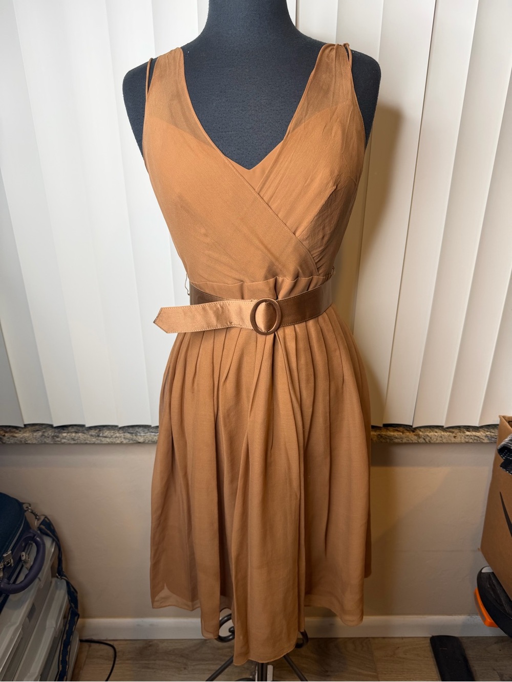 Talbots 100% Silk Sleeveless V-Neck Brown Belted Midi Poplin Dress Size 6